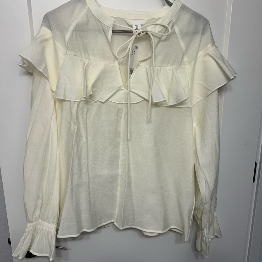 H&M Cream Ruffle Tie-Neck Blouse